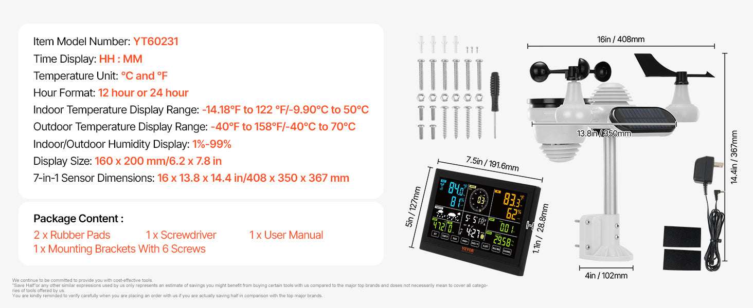 7-in-1 Wireless Weather Station with 7.5" Display & Outdoor Sensor-spain