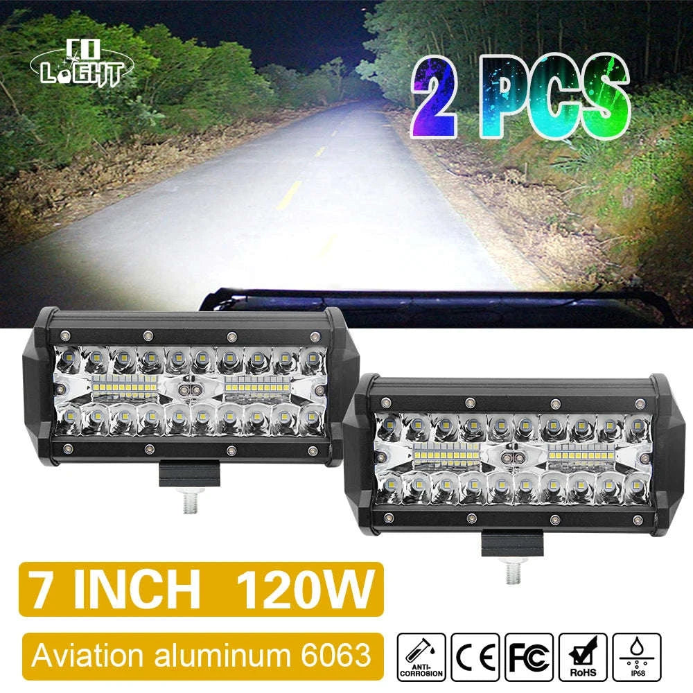 7 Inch 120W LED Work Light Bar 2-Pack Combo Beam 12V-24V IP68-7inch