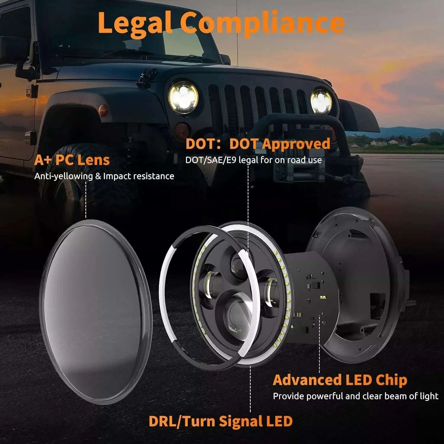 7 Inch LED Headlight Halo Ring with Hi/Lo Beam, Angel Eyes DRL and Amber Turn Signal-1pc  7inch headlight