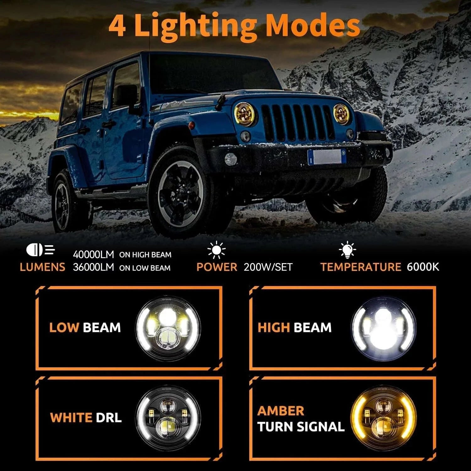 7 Inch LED Headlight Halo Ring with Hi/Lo Beam, Angel Eyes DRL and Amber Turn Signal-1pc  7inch headlight