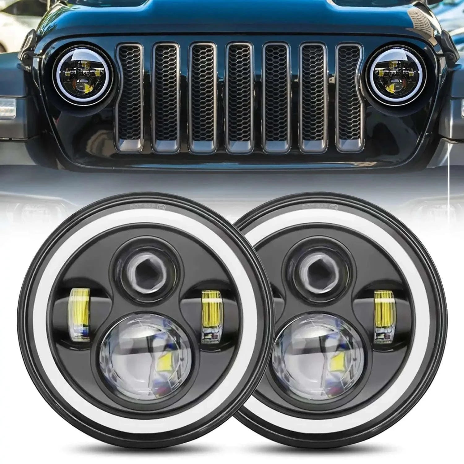 7 Inch LED Headlight Halo Ring with Hi/Lo Beam, DRL and Amber Turn Signal-2pcs 7inch