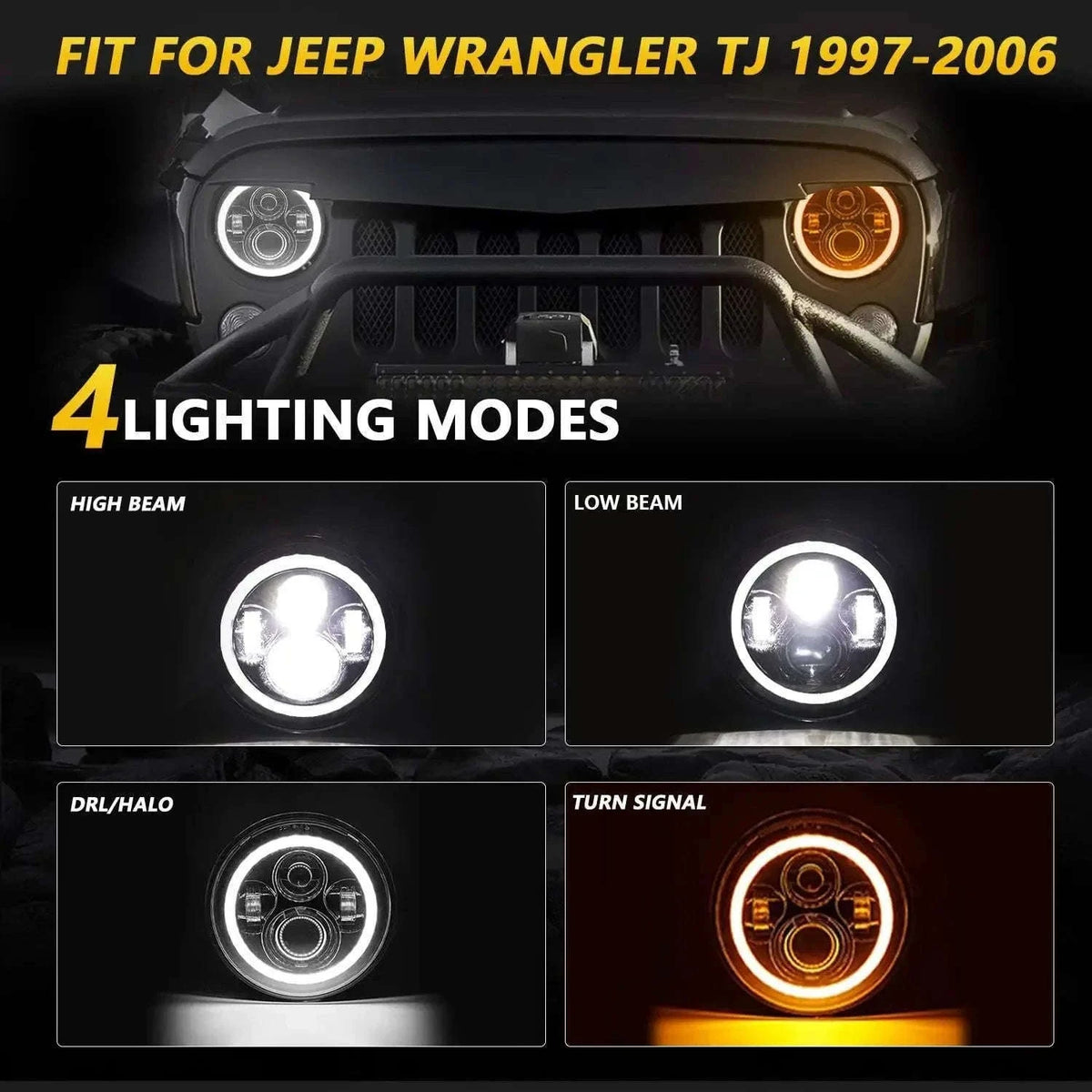 7 Inch LED Headlight Halo Ring with Hi/Lo Beam, DRL and Amber Turn Signal-2pcs 7inch