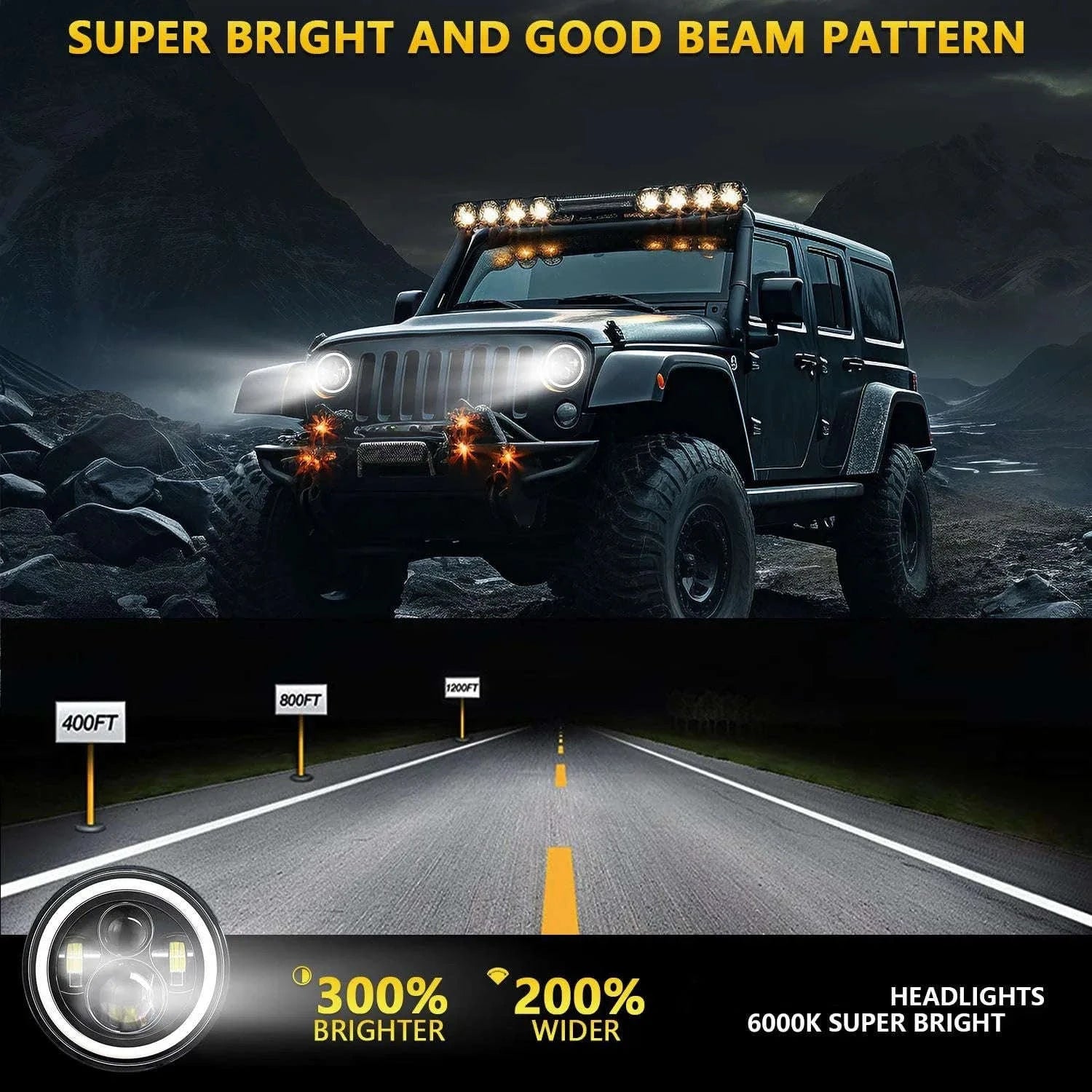 7 Inch LED Headlight Halo Ring with Hi/Lo Beam, DRL and Amber Turn Signal-2pcs 7inch