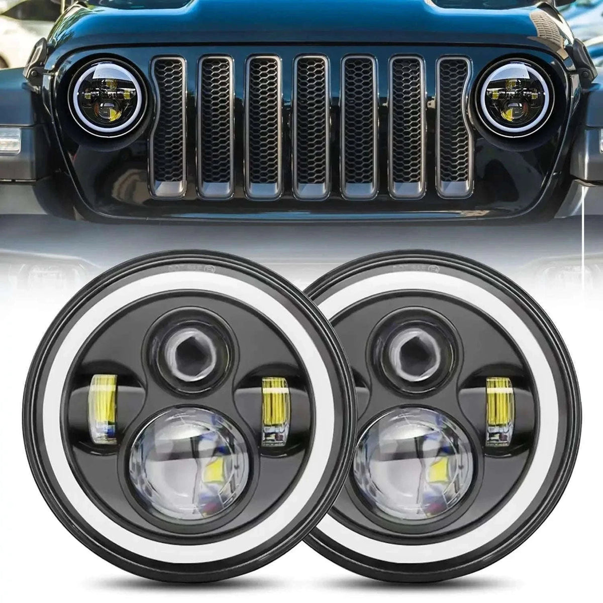 7 Inch LED Headlight Halo Ring with Hi/Lo Beam, DRL and Amber Turn Signal-2pcs 7inch