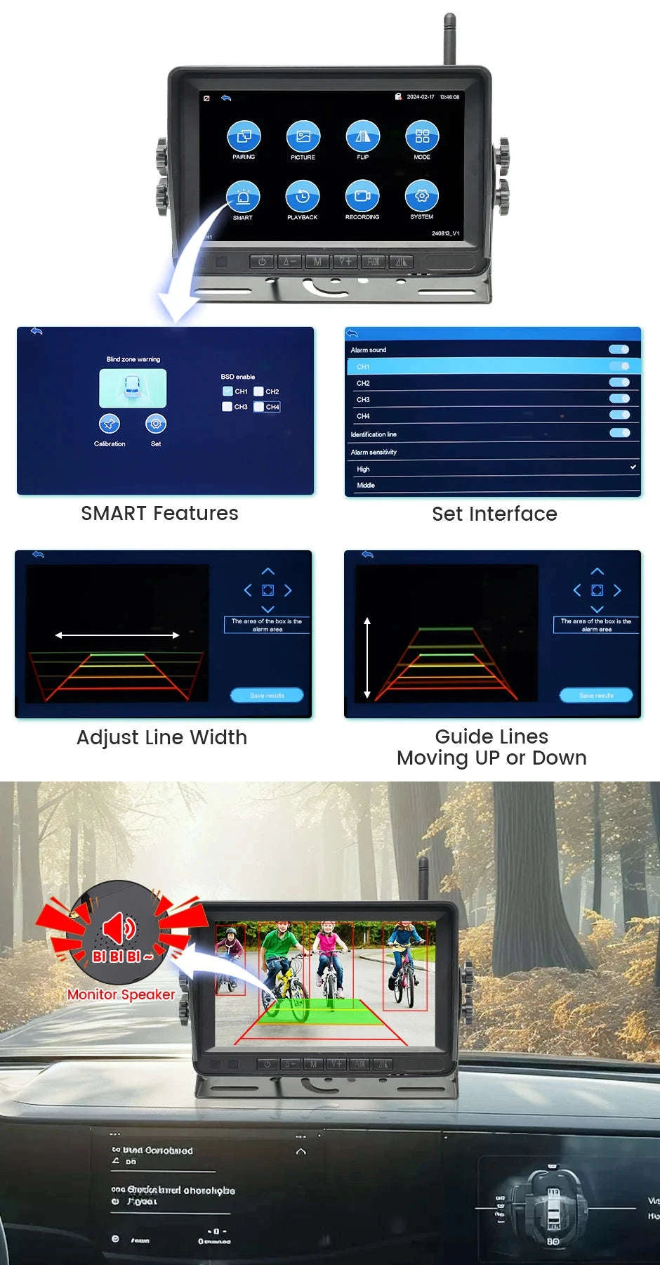 7 Inch Wireless Backup Camera Monitor with Night Vision-4 cameras add 128GB