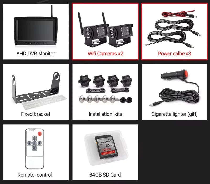 7 Inch Wireless Backup Camera Monitor with Night Vision-4 cameras add 128GB
