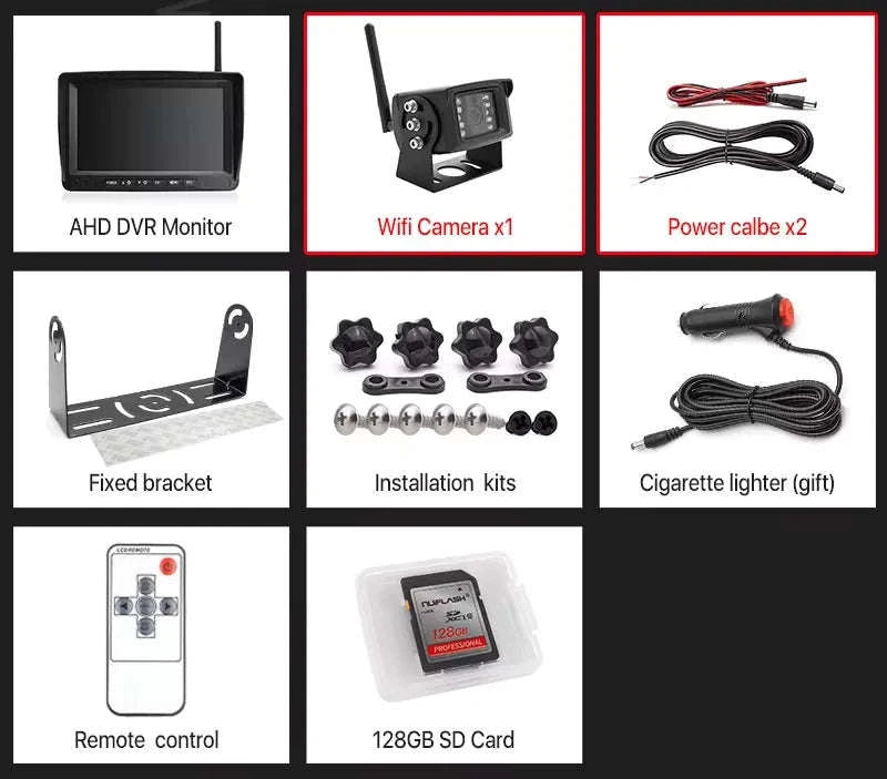 7 Inch Wireless Backup Camera Monitor with Night Vision-4 cameras add 128GB