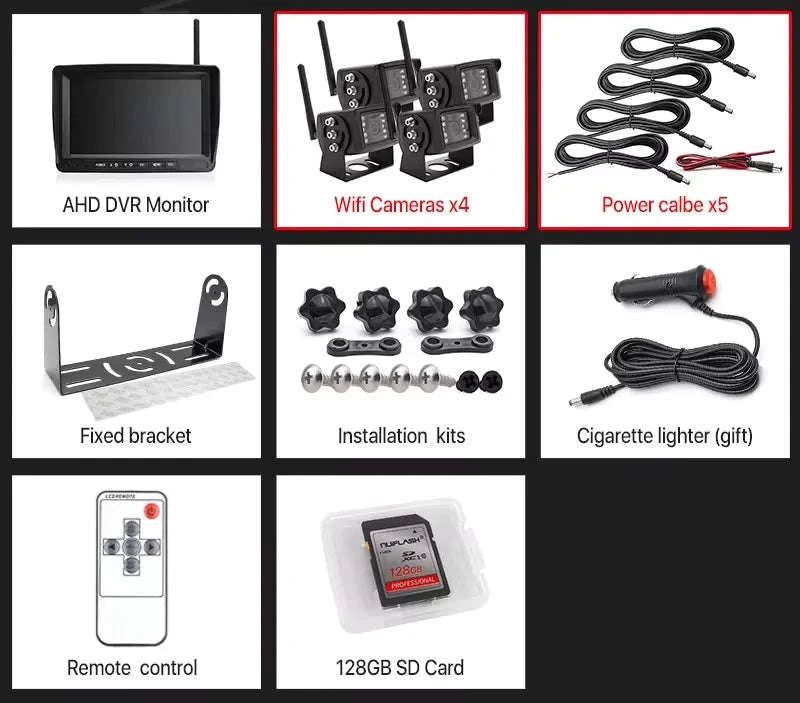 7 Inch Wireless Backup Camera Monitor with Night Vision-4 cameras add 128GB