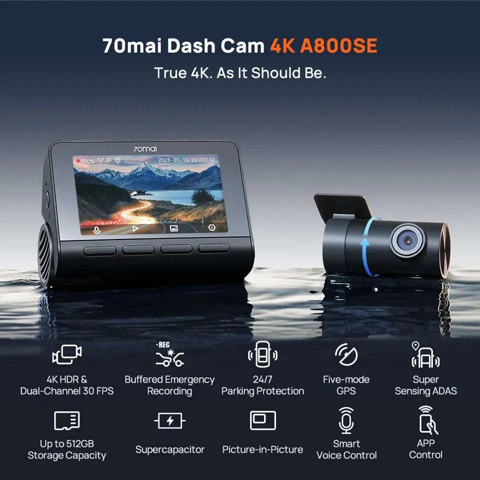70mai A800SE 4K Dash Cam with GPS, ADAS & Voice Control-2-Channel n UP03 / Saudi Arabia / UHS-I U3 256GB