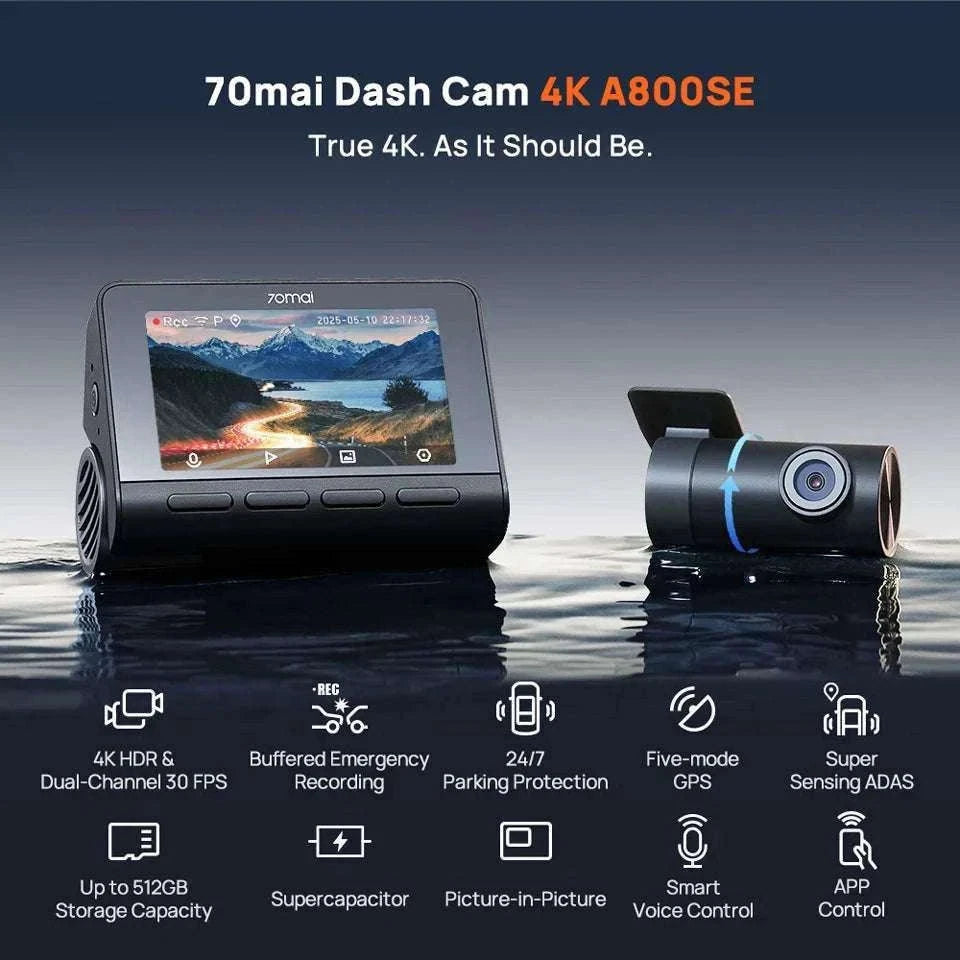 70mai A800SE 4K Dash Cam with GPS, ADAS & Voice Control-2-Channel n UP03 / Saudi Arabia / UHS-I U3 256GB