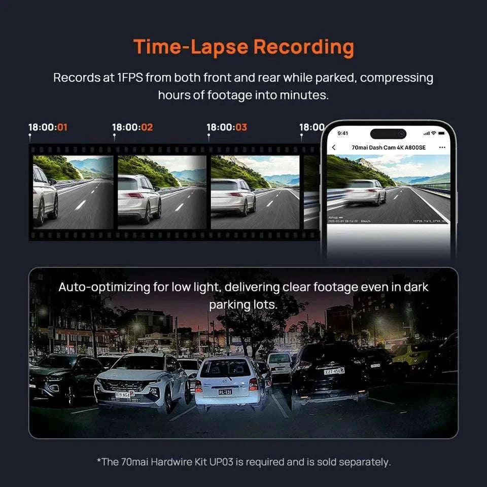 70mai A800SE 4K Dash Cam with GPS, ADAS & Voice Control-2-Channel n UP03 / Saudi Arabia / UHS-I U3 256GB
