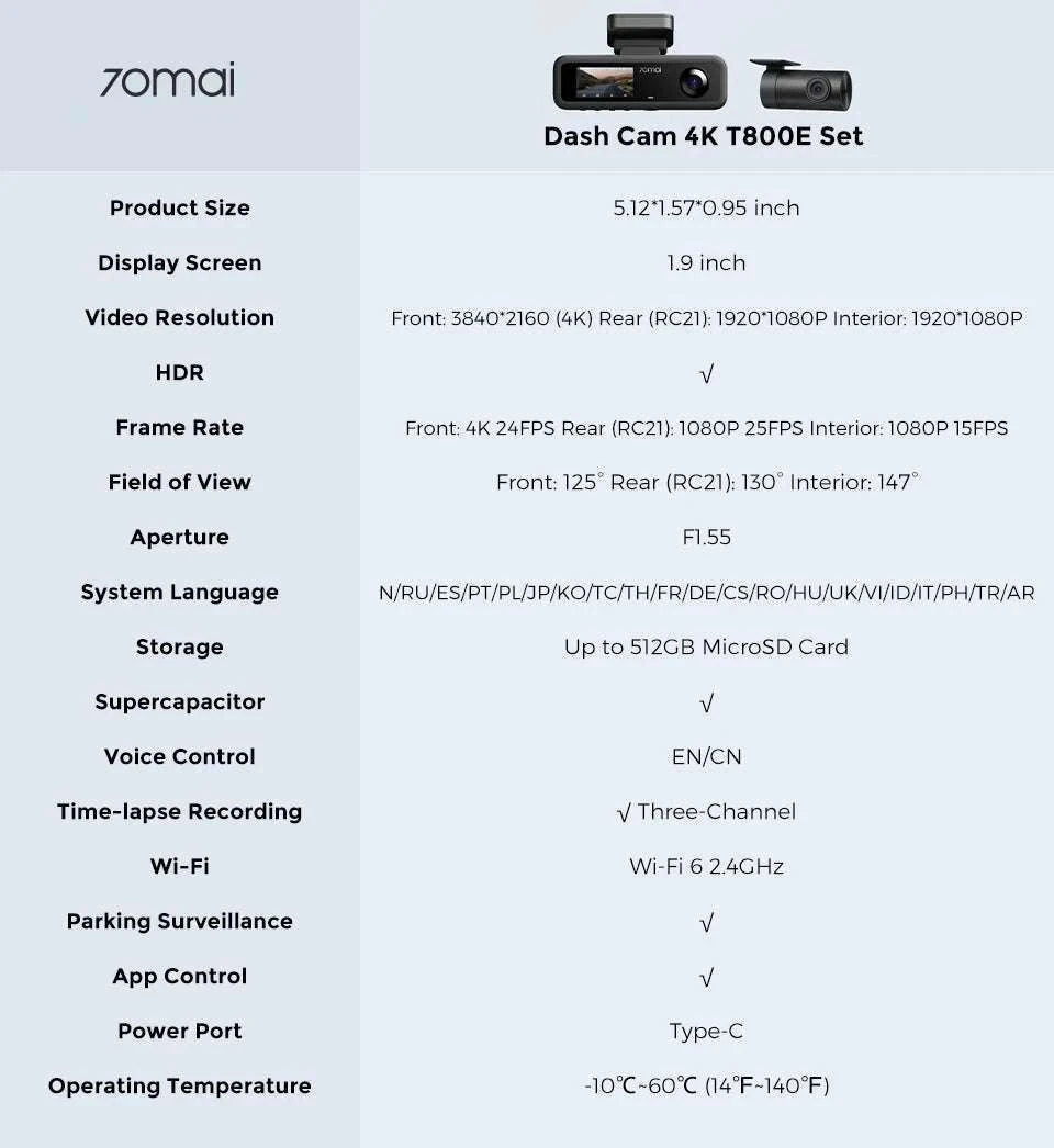 70mai T800E 3-Channel Dash Cam 4K Front + Dual 1080P HDR-3-Channel n UP03 / Mexico / UHS-I U3 512GB