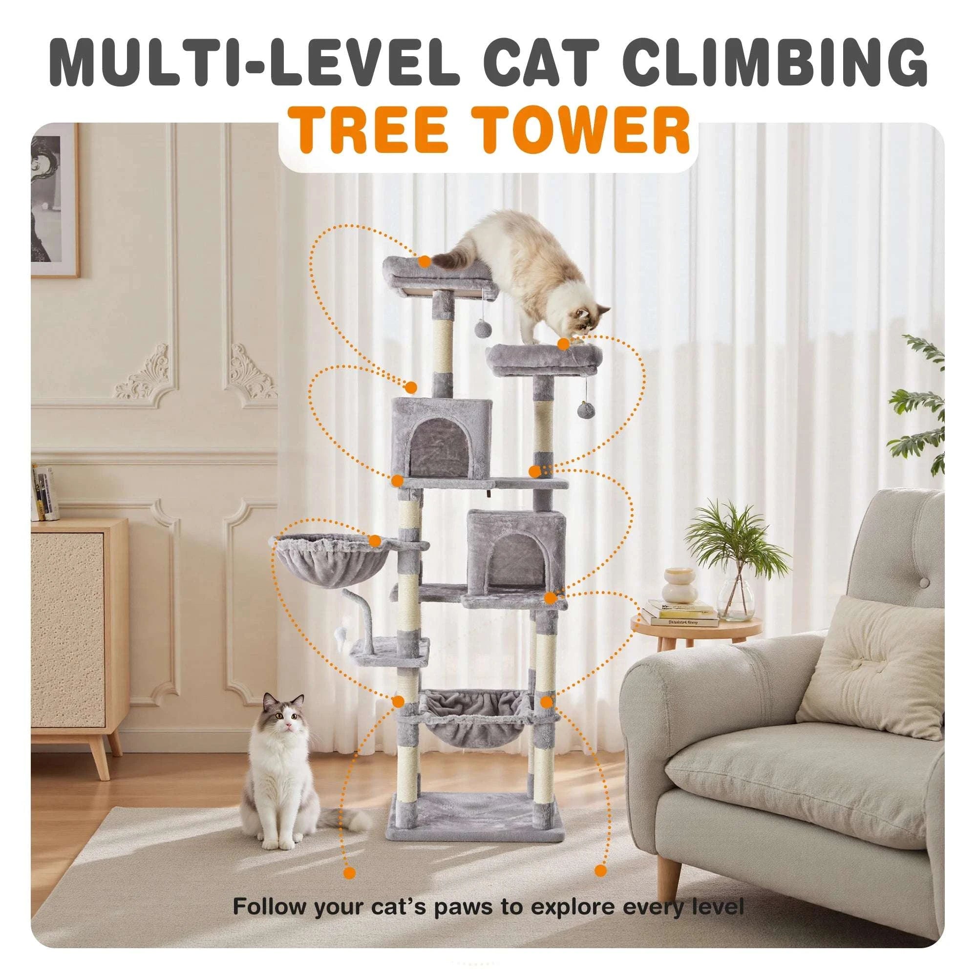 71" Multi-Level Cat Tree Tower with Condo, Hammock & Scratching Posts-Light Grey / United States