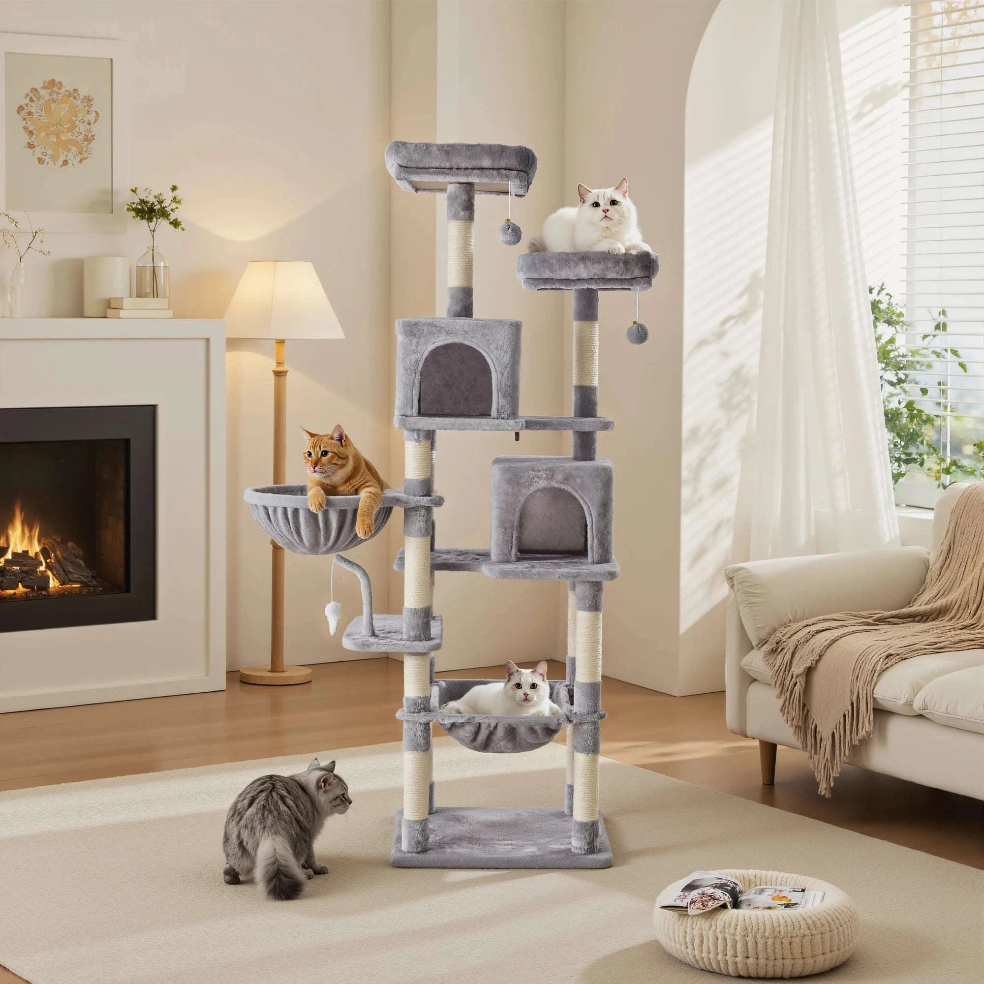 71" Multi-Level Cat Tree Tower with Condo, Hammock & Scratching Posts-Light Grey / United States