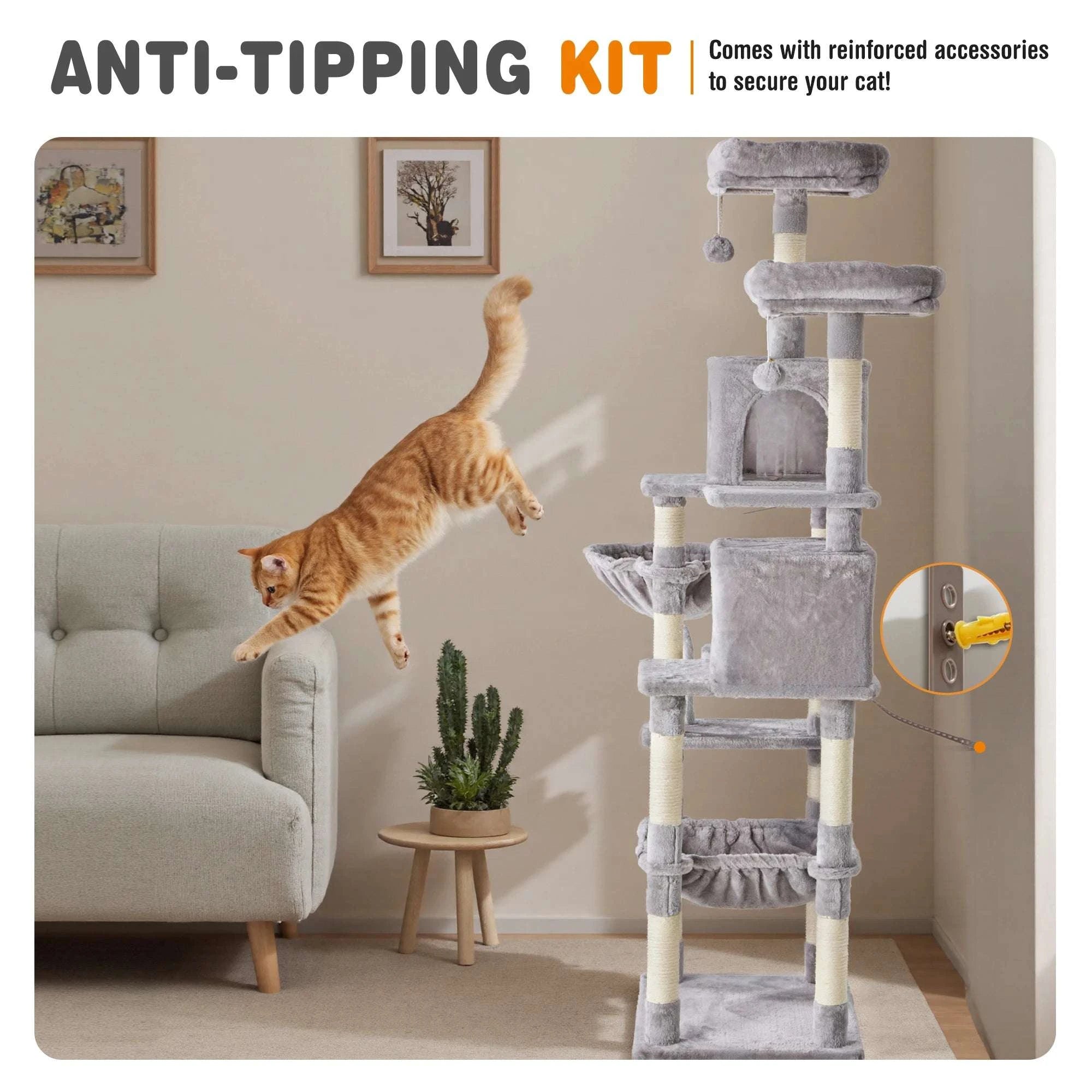 71" Multi-Level Cat Tree Tower with Condo, Hammock & Scratching Posts-Light Grey / United States