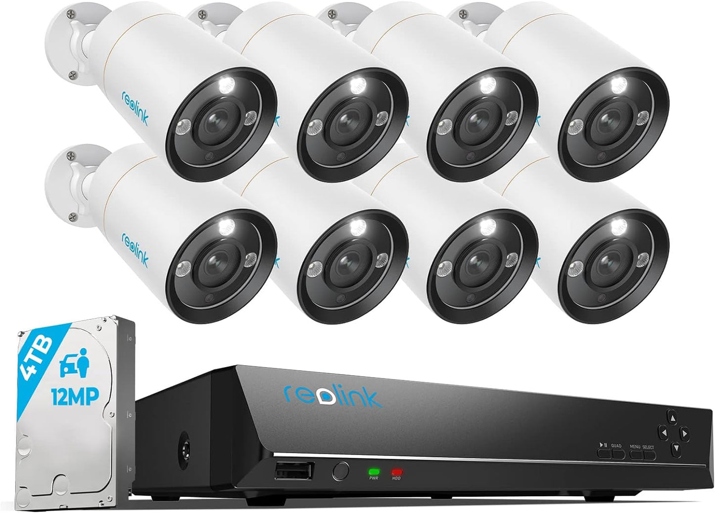 Reolink 12MP Outdoor Surveillance Camera Set, 8 x PoE IP Camera Surveillance Outdoor, Spotlights, Person/Vehicle Detection, 2-Way Audio, 24/7 Colour/IR Night Vision, 16CH 4TB HDD NVR, RLK16-1200B8-A