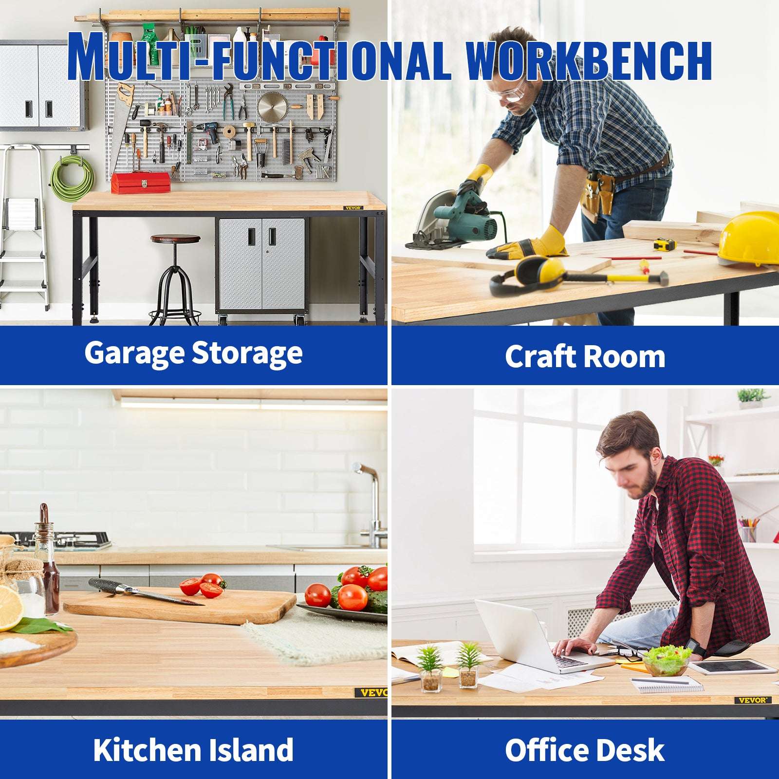 72" Adjustable Height Workbench with Oak Top, 900kg Capacity-48x20in no wheel / United States