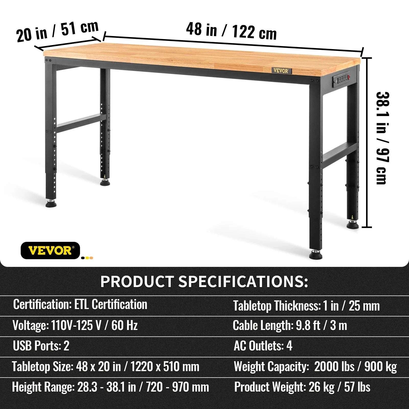 72" Adjustable Height Workbench with Oak Top, 900kg Capacity-48x20in no wheel / United States