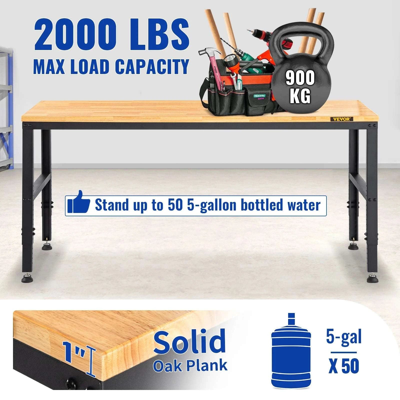 72" Adjustable Height Workbench with Oak Top, 900kg Capacity-48x20in no wheel / United States