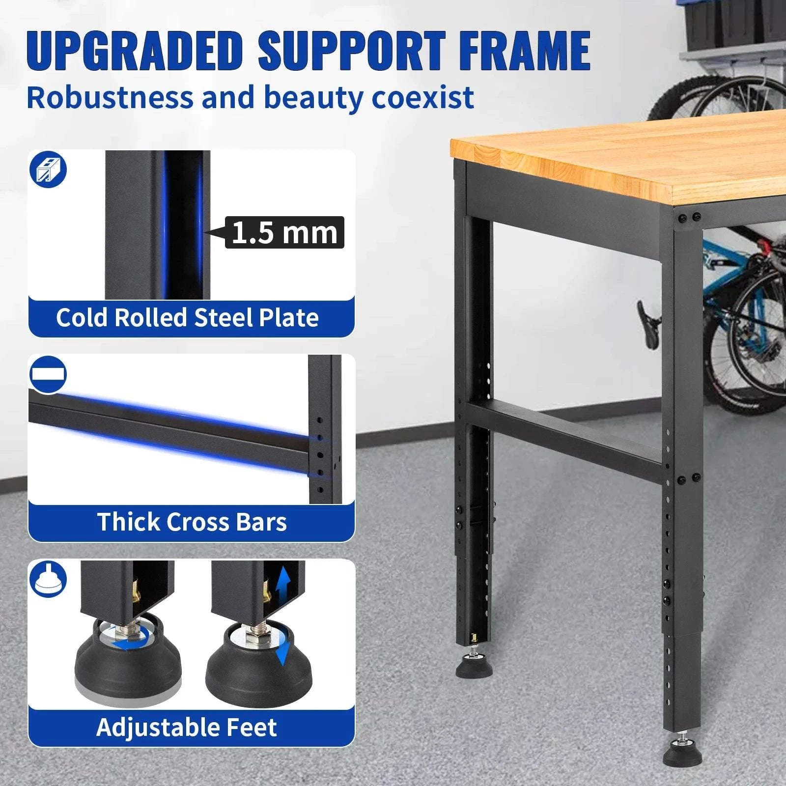 72" Adjustable Height Workbench with Oak Top, 900kg Capacity-48x20in no wheel / United States