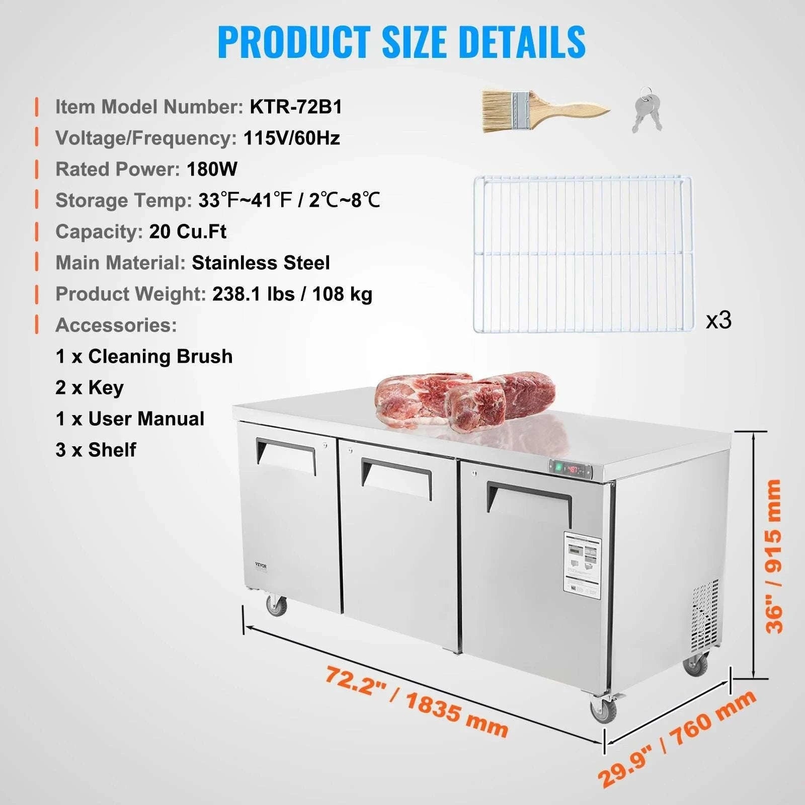 72" Commercial Sandwich Prep Table Fridge 20 Cu.Ft Stainless Steel-20cu.ft 72 inch / United States