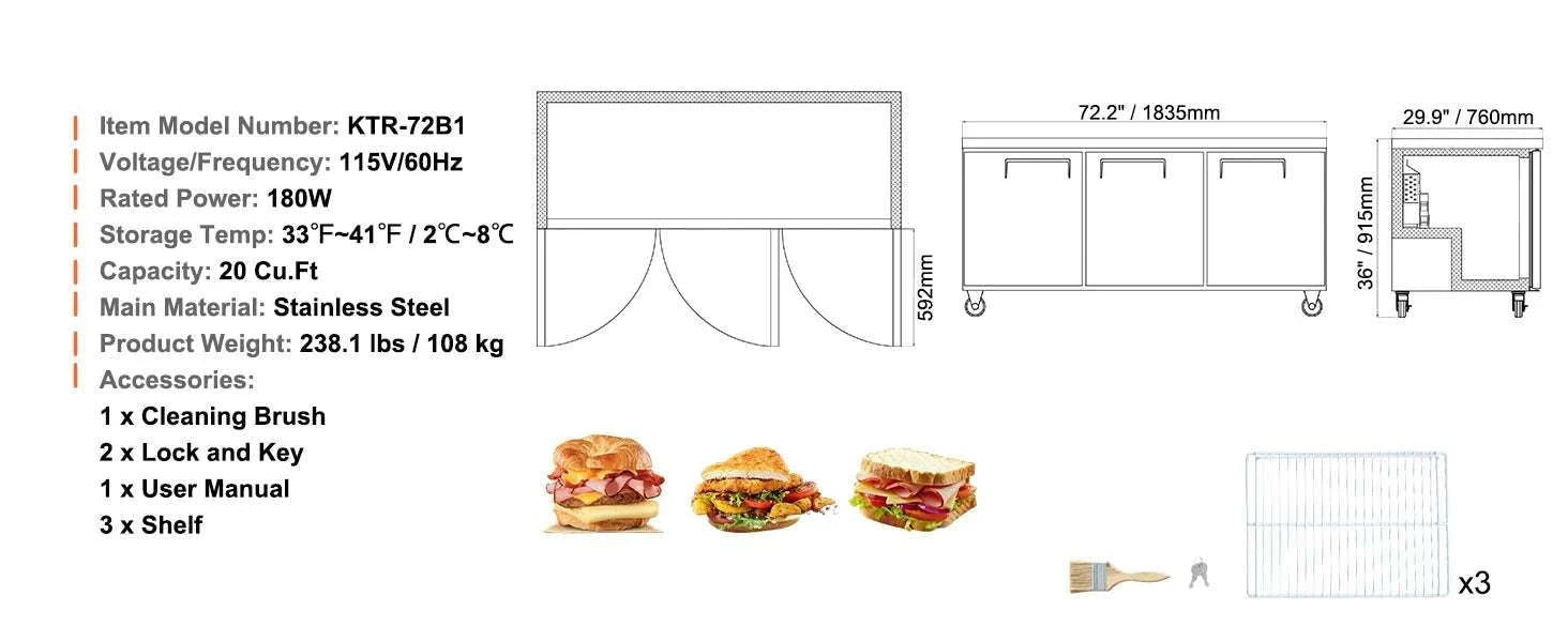 72" Commercial Sandwich Prep Table Fridge 20 Cu.Ft Stainless Steel-20cu.ft 72 inch / United States