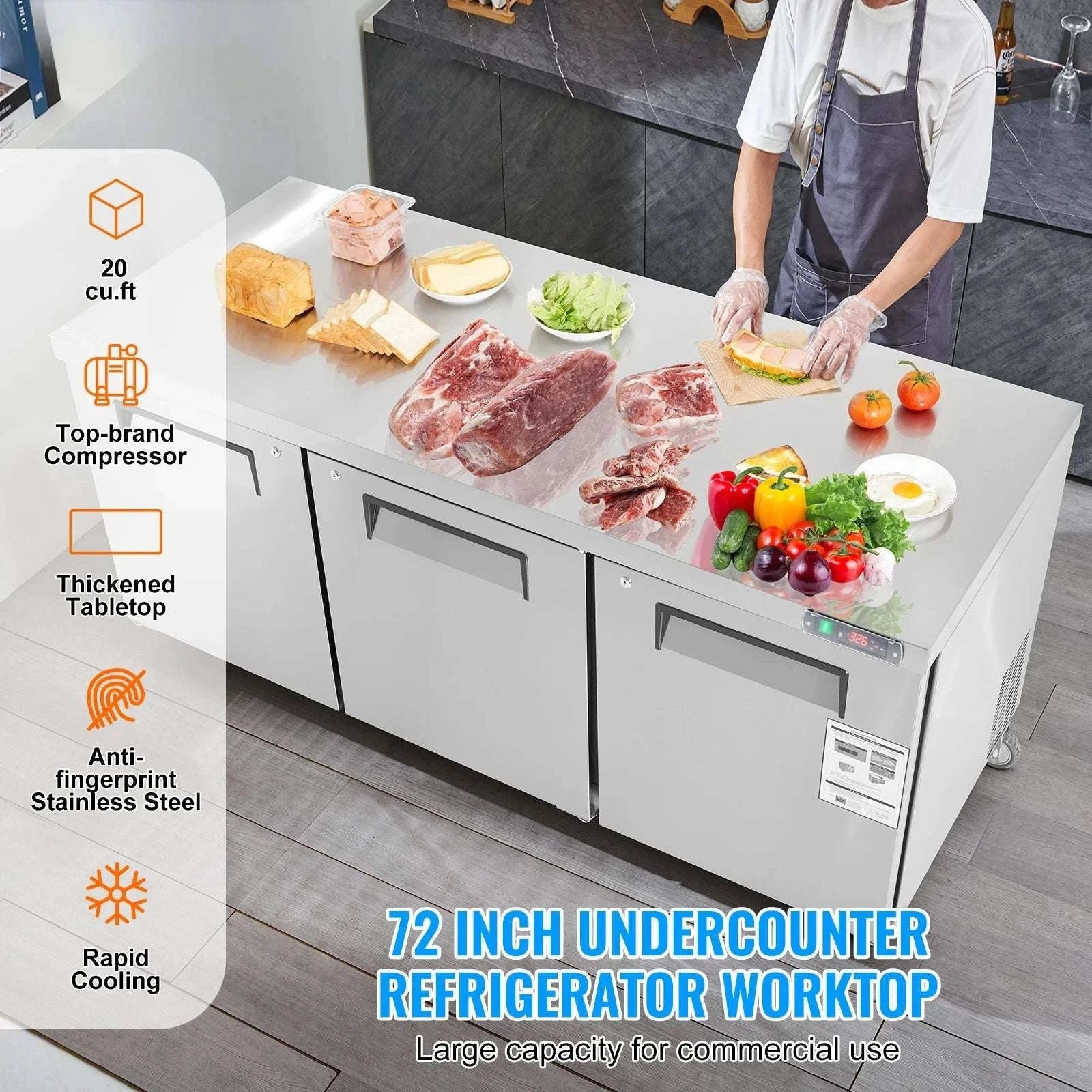 72" Commercial Sandwich Prep Table Fridge 20 Cu.Ft Stainless Steel-