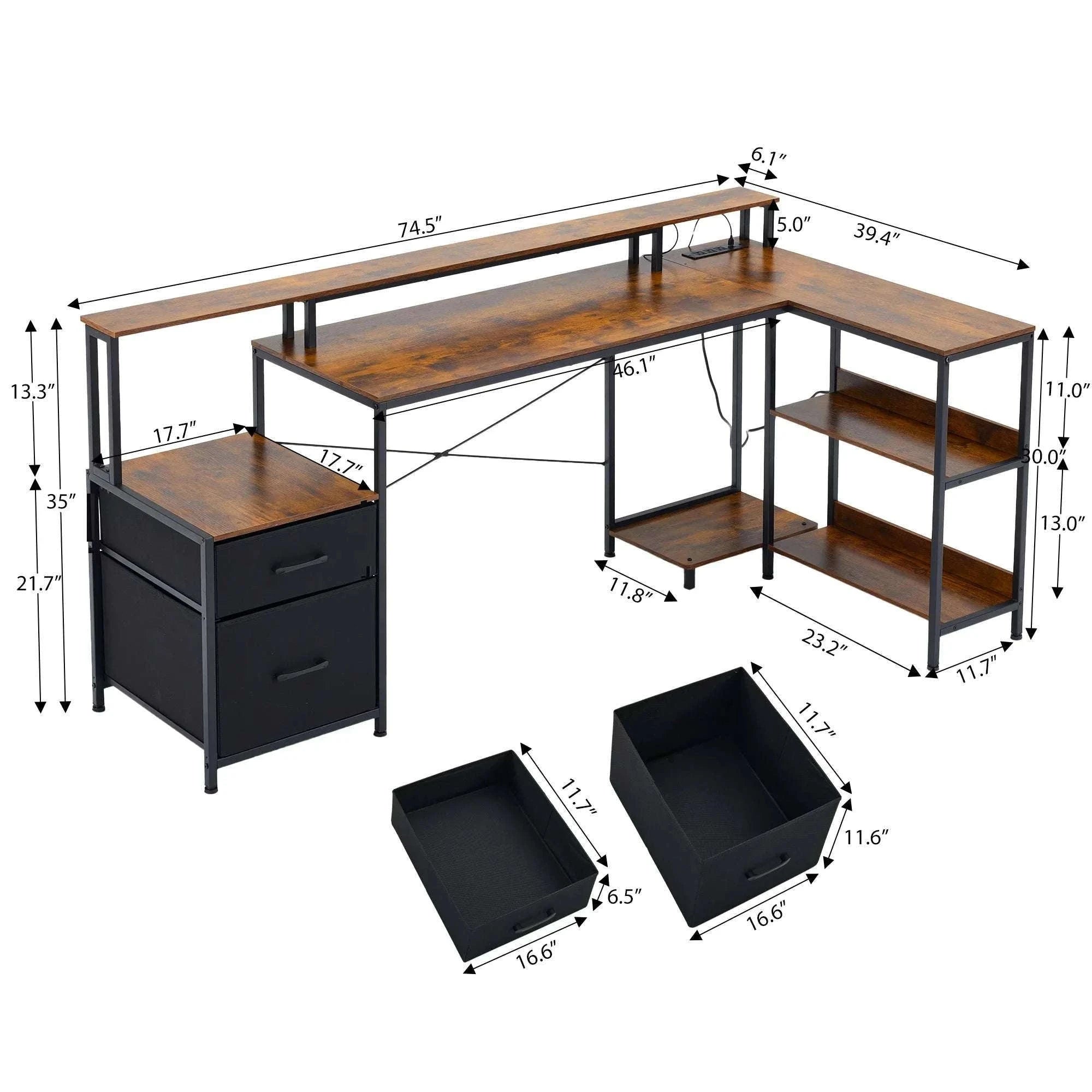 75" L-Shaped Computer Desk with Storage Drawers and Shelf-DARK GRAY / United States