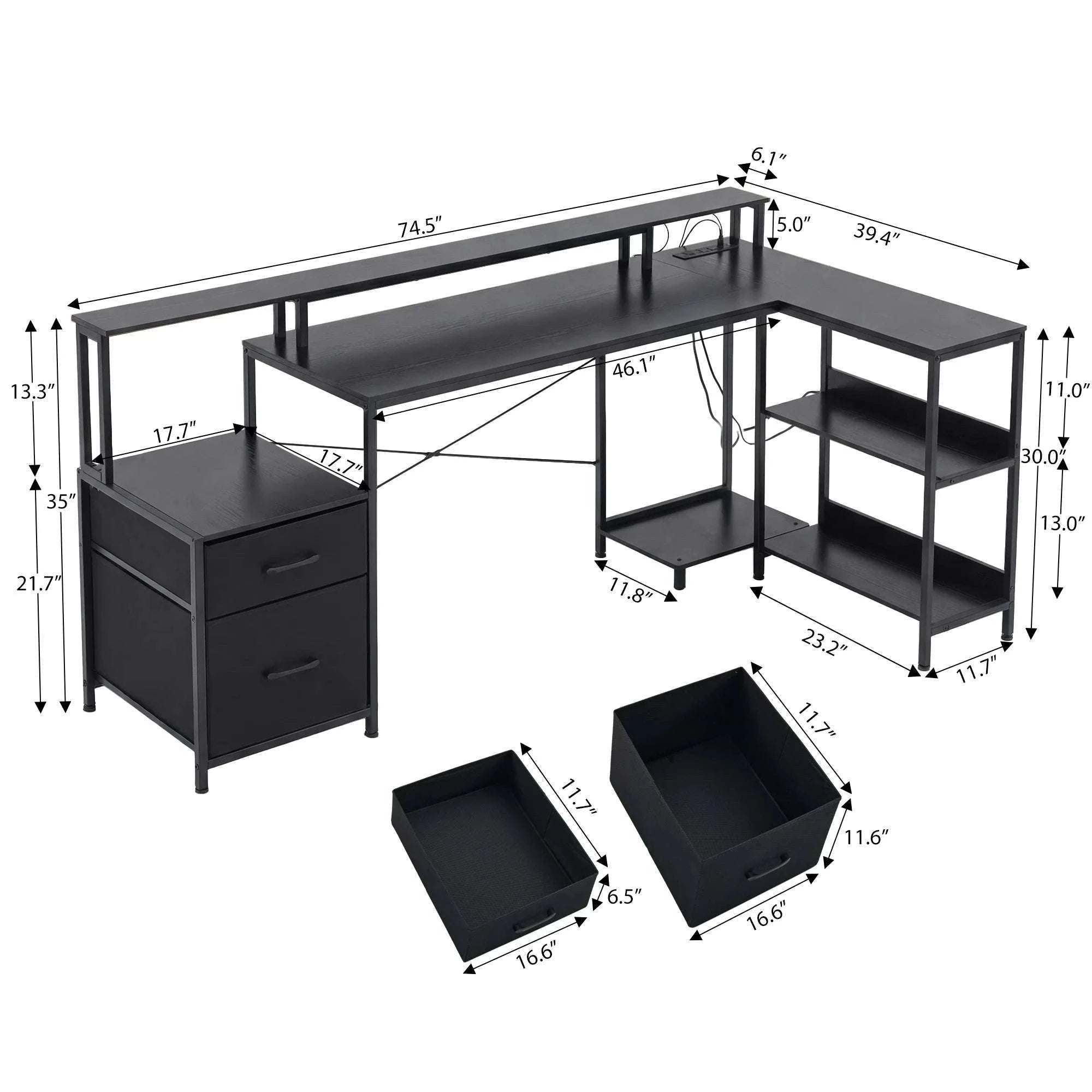 75" L-Shaped Computer Desk with Storage Drawers and Shelf-DARK GRAY / United States