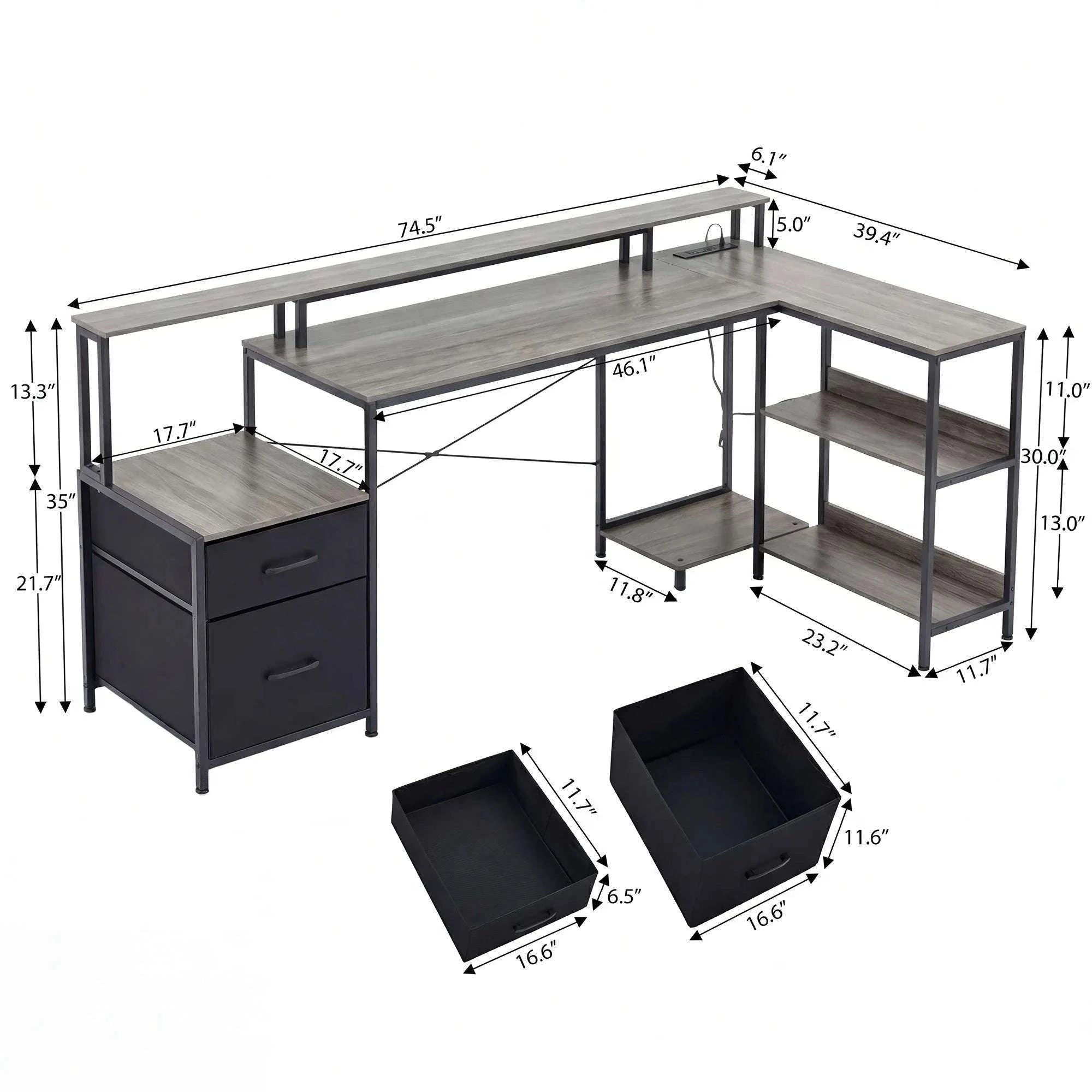75" L-Shaped Computer Desk with Storage Drawers and Shelf-DARK GRAY / United States