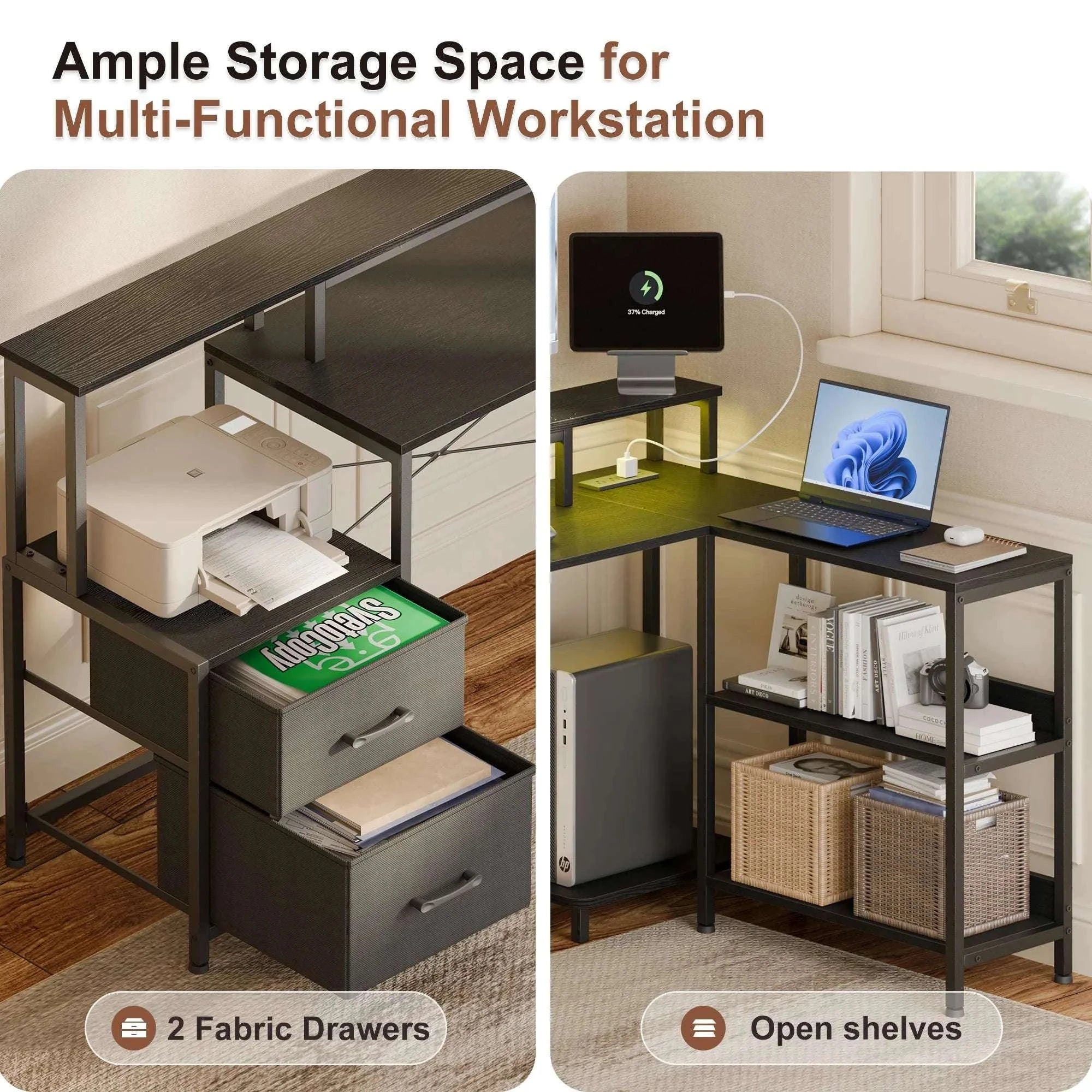75" L-Shaped Computer Desk with Storage Drawers and Shelf-DARK GRAY / United States