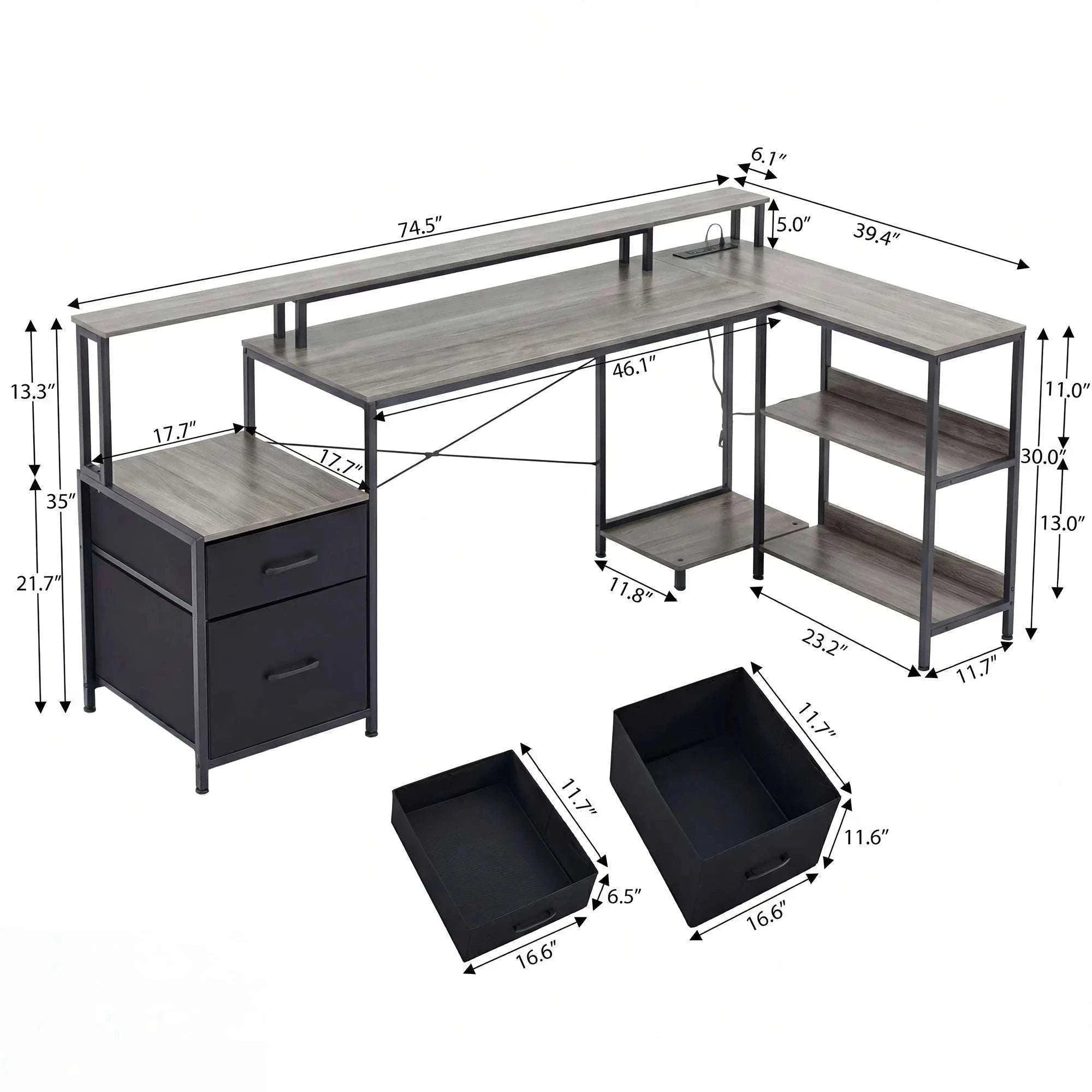 75" L-Shaped Computer Desk with Storage Drawers and Shelf-DARK GRAY / United States