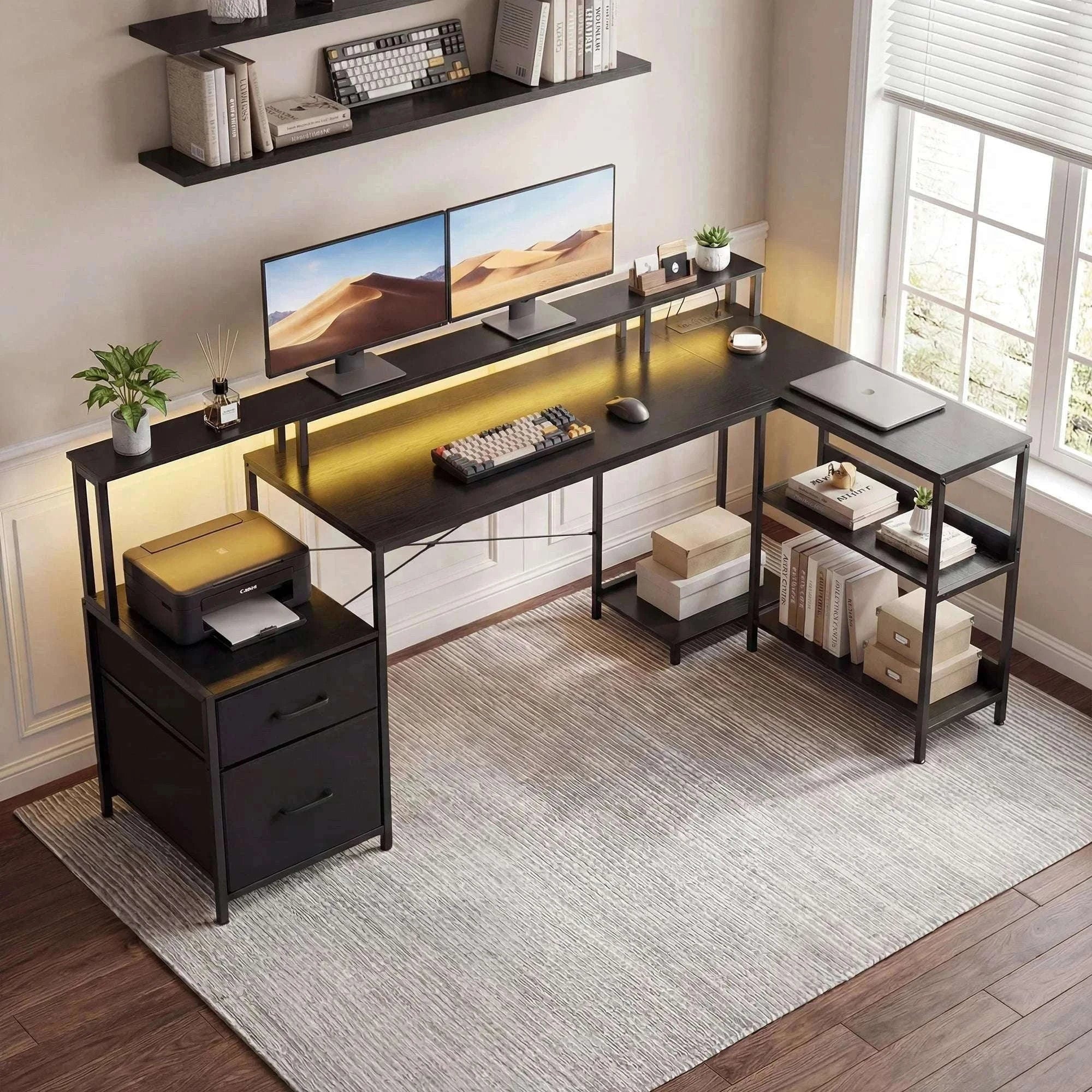 75" L-Shaped Computer Desk with Storage Drawers and Shelf-DARK GRAY / United States