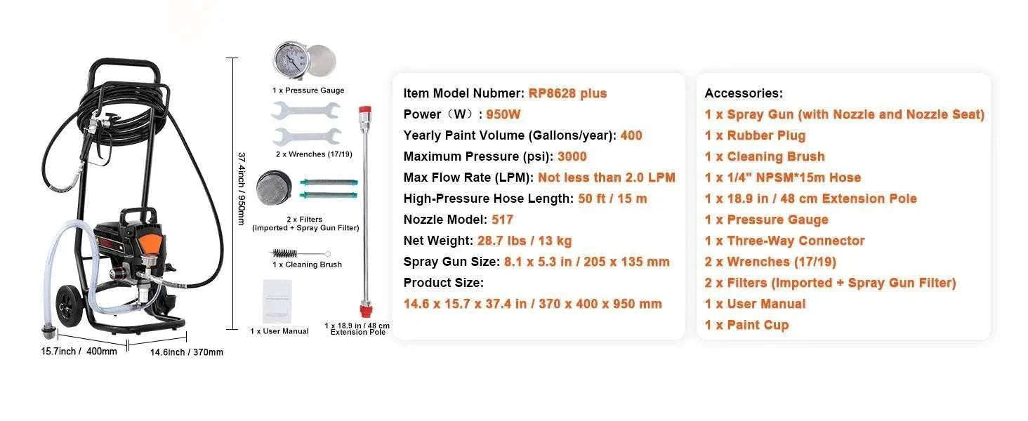 750W/950W Airless Paint Sprayer 3000 PSI High Pressure System-750W / United States