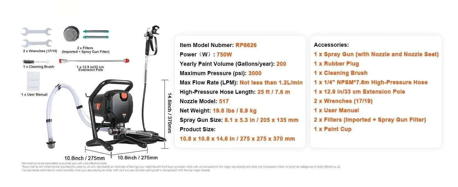 750W/950W Airless Paint Sprayer 3000 PSI High Pressure System-750W / United States