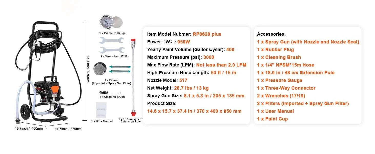 750W/950W Airless Paint Sprayer 3000 PSI High Pressure System-750W / United States