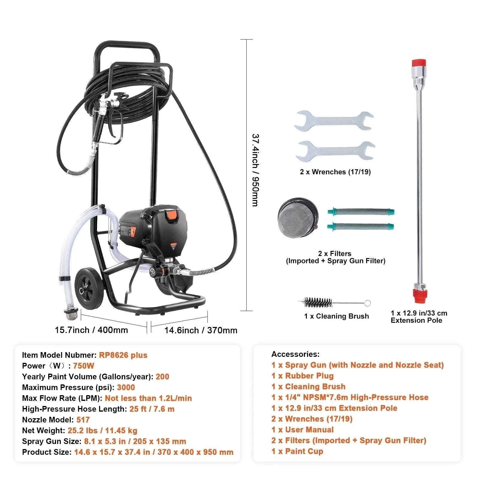 750W/950W Airless Paint Sprayer 3000 PSI High Pressure System-750W / United States