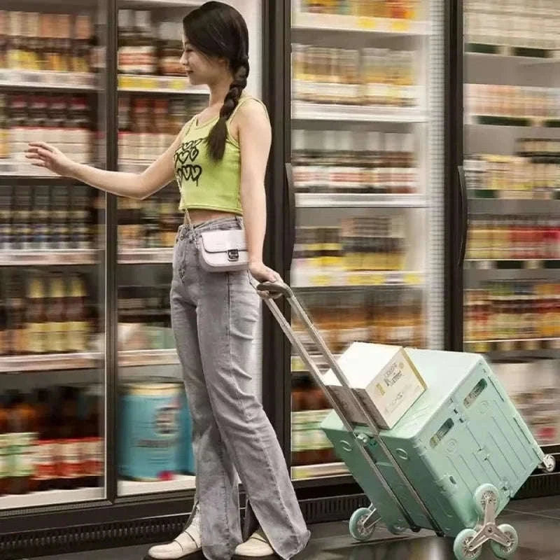 75L Foldable Shopping Cart with 4 Wheels & Telescopic Handle-green / france