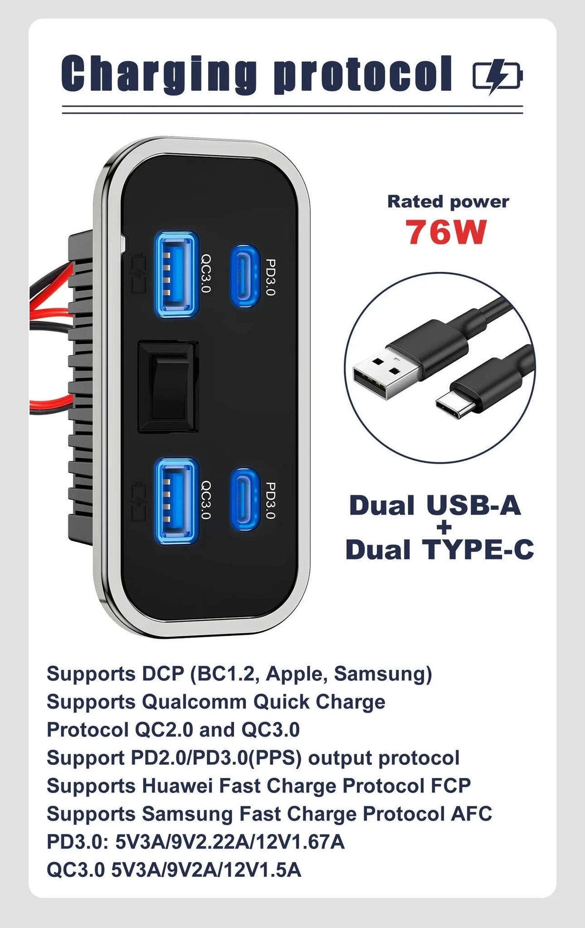 76W 4-Port Fast Charging Panel with Switch-4 Ports-A