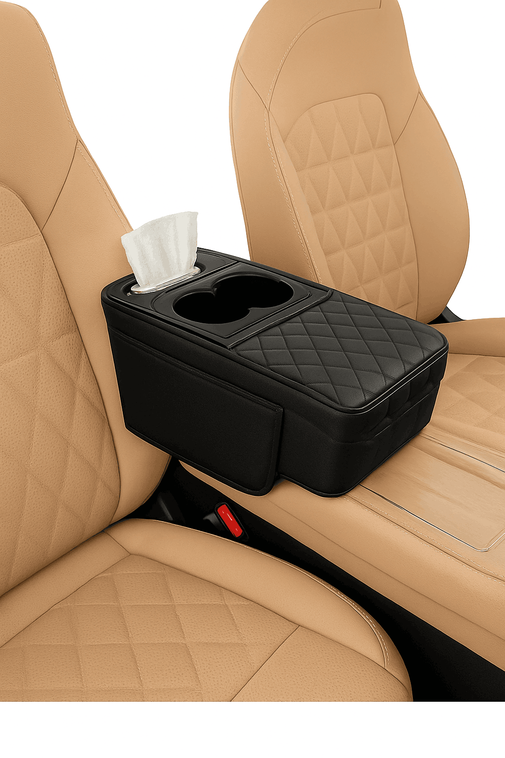 7cm Thick Car Armrest Cushion with Tissue Holder and Storage-Black / Artificial leather