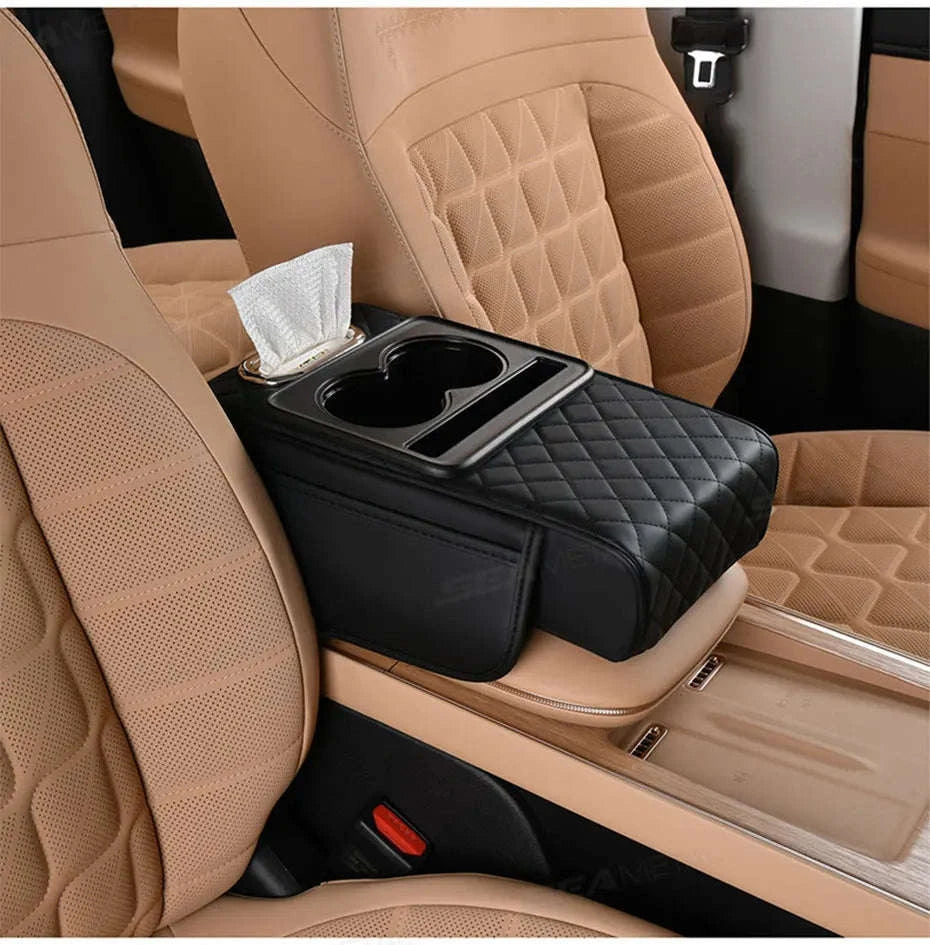 7cm Thick Car Armrest Cushion with Tissue Holder and Storage-Black / Artificial leather