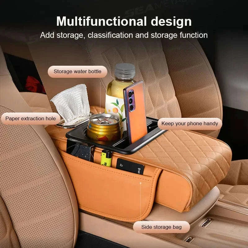 7cm Thick Car Armrest Cushion with Tissue Holder and Storage-Black / Artificial leather