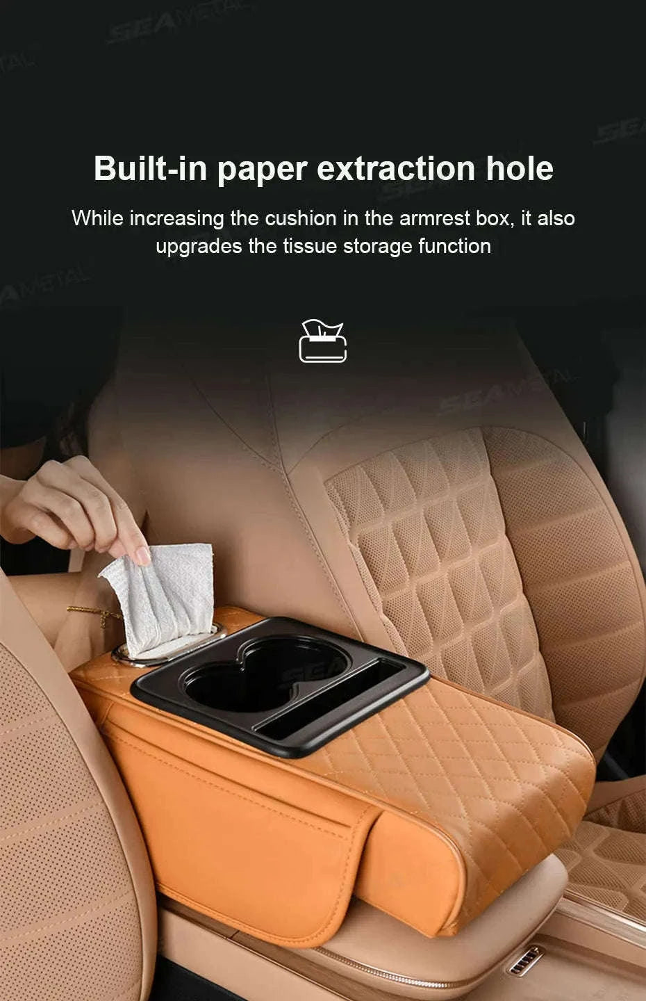 7cm Thick Car Armrest Cushion with Tissue Holder and Storage-Black / Artificial leather
