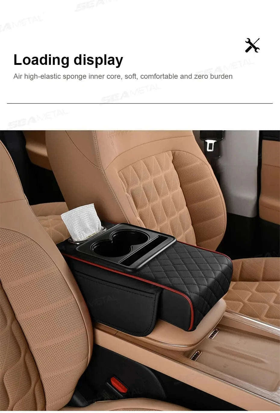 7cm Thick Car Armrest Cushion with Tissue Holder and Storage-Black / Artificial leather