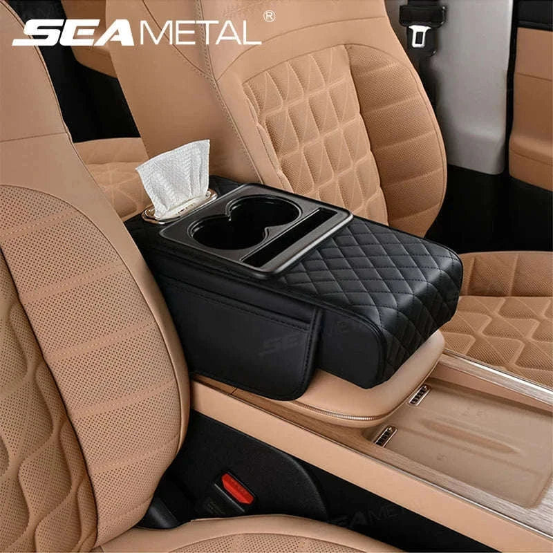 7cm Thick Car Armrest Cushion with Tissue Holder and Storage-Black / Artificial leather