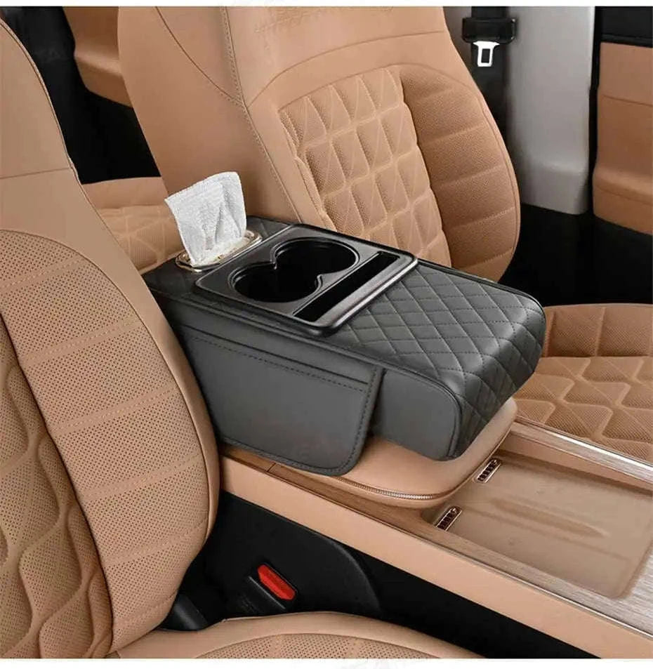 7cm Thick Car Armrest Cushion with Tissue Holder and Storage-Black / Artificial leather