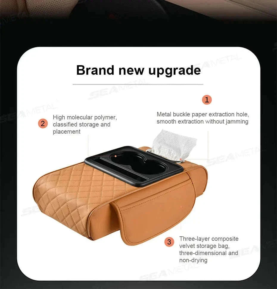 7cm Thick Car Armrest Cushion with Tissue Holder and Storage-Black / Artificial leather