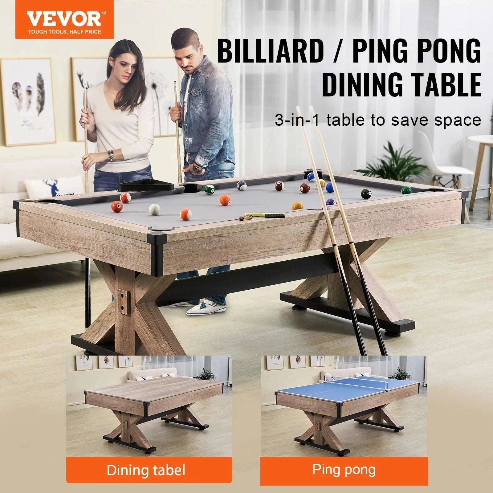 7ft 3-in-1 Pool Table with Dining Top & Table Tennis Set-WoodColor / United States