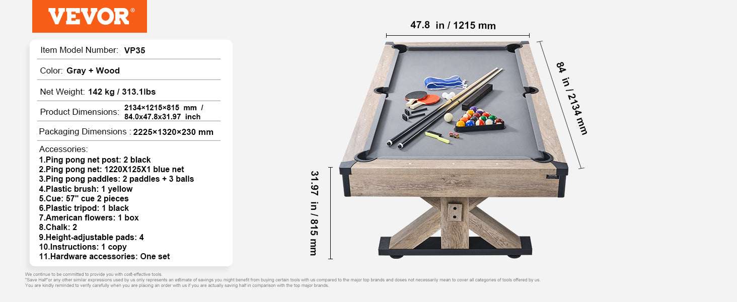 7ft 3-in-1 Pool Table with Dining Top & Table Tennis Set-WoodColor / United States