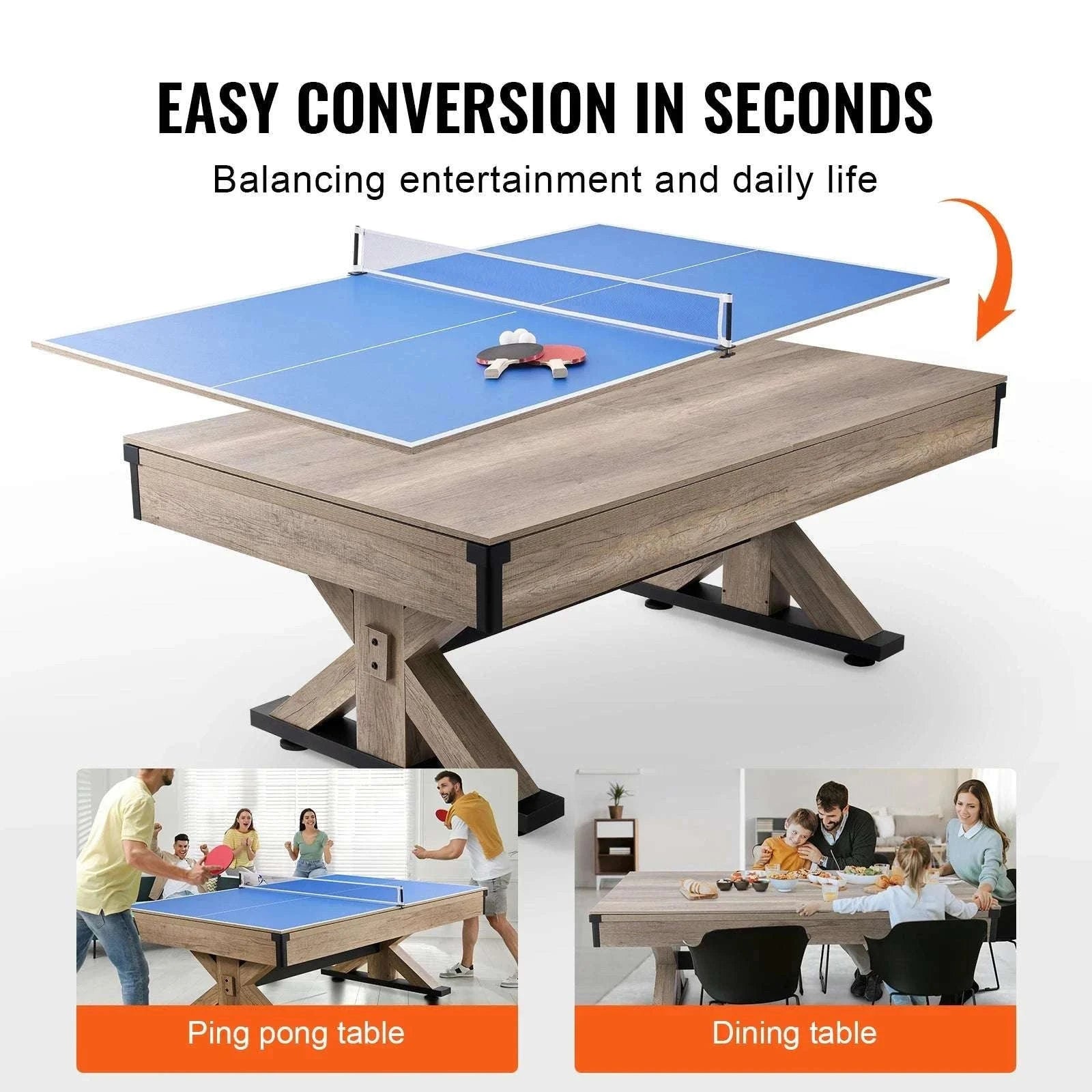 7ft 3-in-1 Pool Table with Dining Top & Table Tennis Set-WoodColor / United States
